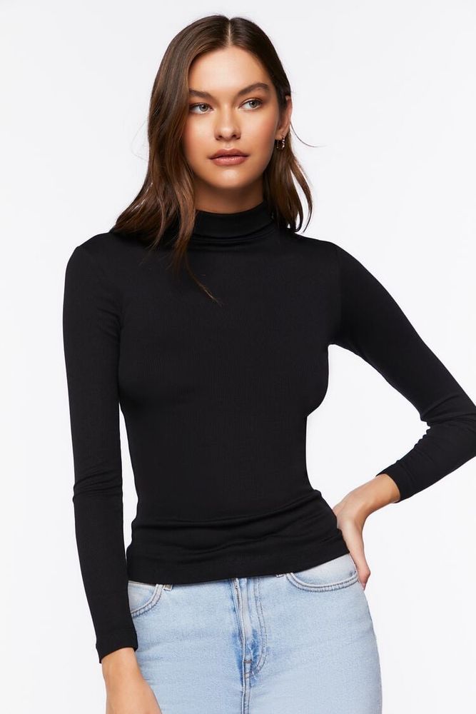 Women's Seamless Ribbed Turtleneck Top in Black Large