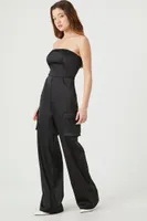 Women's Satin Strapless Cargo Jumpsuit Black