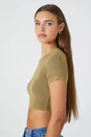 Women's Rib-Knit Cropped T-Shirt in Olive Large