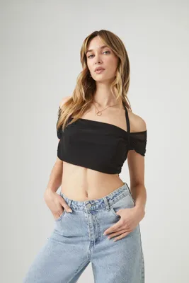 Women's Mesh Off-the-Shoulder Crop Top in Black, XS