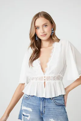 Women's Chiffon Lace-Trim Top in White Small