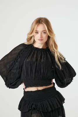 Women's Peasant-Sleeve Ruffle Crop Top