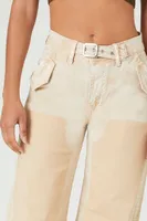 Women's Acid Wash Belted Jeans Beige