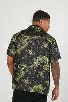 Men Dragon Print Short-Sleeve Shirt in Black/Yellow Medium