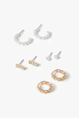 Women's Faux Pearl Hoop & Stud Earring Set in Gold/Clear