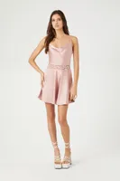 Women's Satin Lace-Trim Mini Skater Dress in Pale Mauve Small