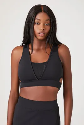 Women's Perforated V-Neck Sports Bra in Black, XS