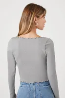 Women's Lettuce-Edge Long-Sleeve Top in Grey, M/L