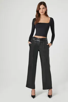 Women's Faux Leather Belted Trouser Pants Small