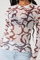 Women's Mesh Abstract Print Top in Brown Large