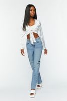 Women's Satin Tie-Front Crop Top in Vanilla Large