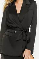 Women's Satin Belted Double-Breasted Blazer in Black Small