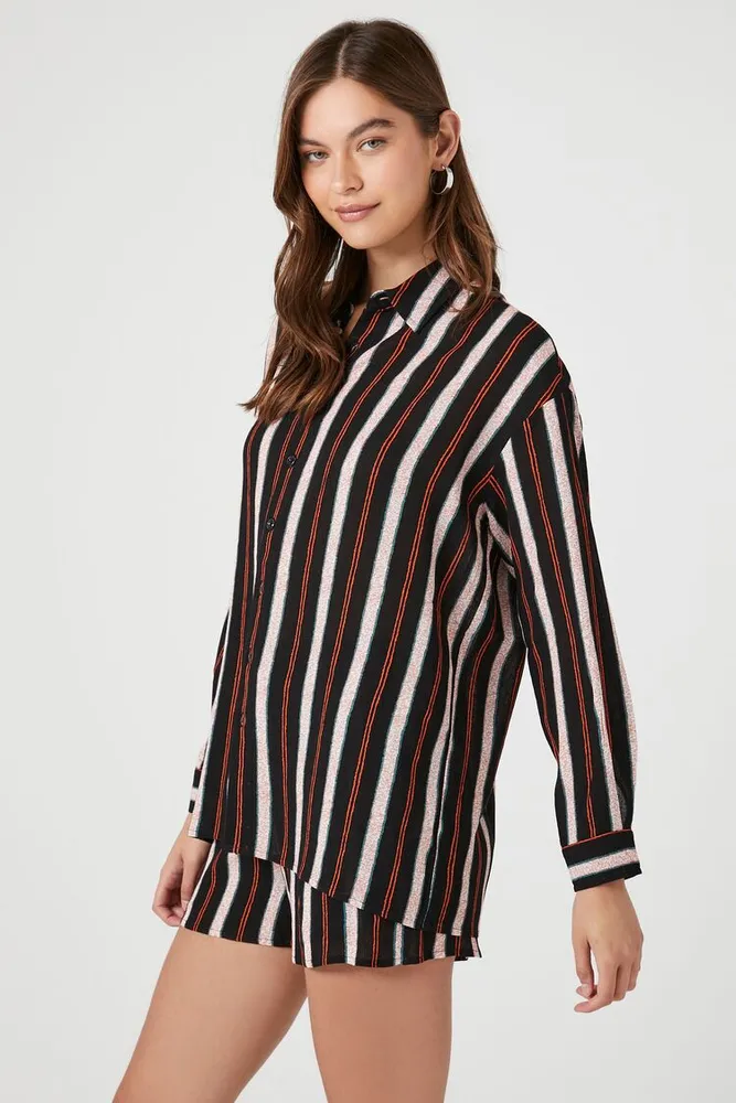Women's Striped Long-Sleeve Shirt & Shorts Set in Black Small