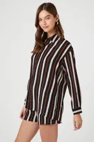 Women's Striped Long-Sleeve Shirt & Shorts Set in Black Small