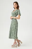 Women's Crepe Floral Print Midi Dress in Olive Small