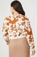 Women's Cropped Cow Print Cardigan Sweater in Brown Small