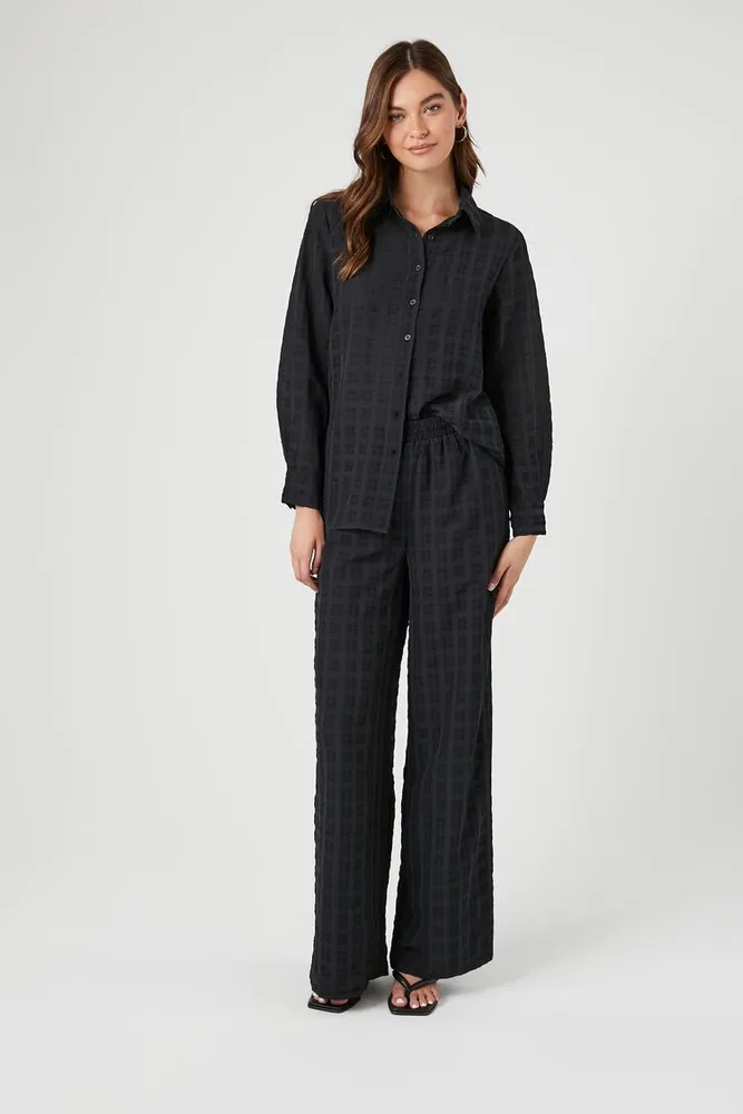 Women's Textured Shirt & Wide-Leg Pants Set in Black Small