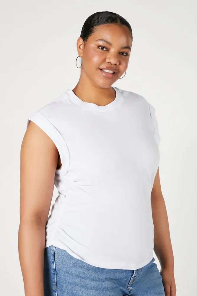 Women's Ruched Muscle T-Shirt in White, 1X