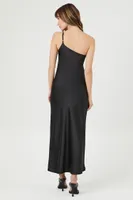 Women's Satin One-Shoulder Maxi Dress in Black Large