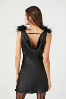 Women's Feather-Trim Satin Slip Dress in Black Small