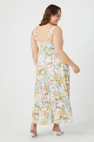 Women's Floral Print Maxi Dress in White, 2X