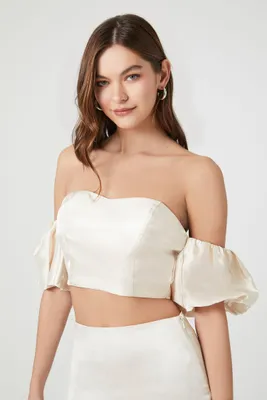 Women's Puff-Sleeve Off-the-Shoulder Crop Top in Ivory Large