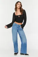 Women's Smocked Ruffle-Trim Crop Top in Black Medium