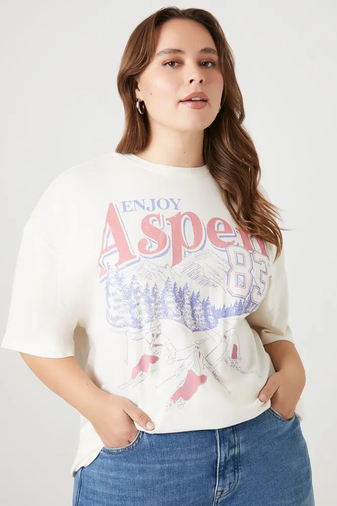 Women's Enjoy Aspen Oversized Graphic T-Shirt in Cream, Size 3X