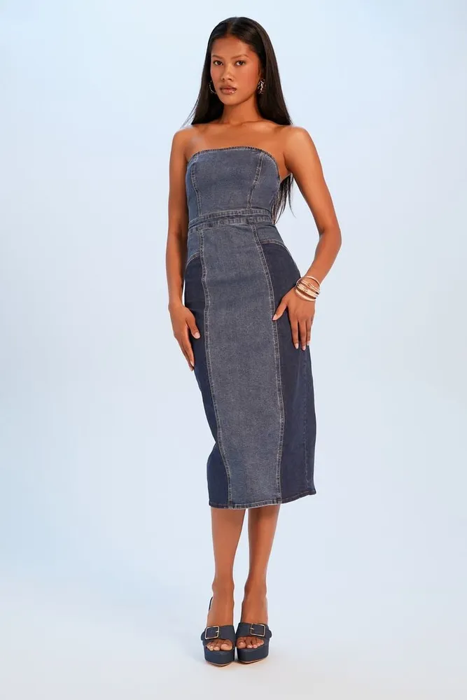 Women's Strapless Denim Midi Dress in Dark Denim Large