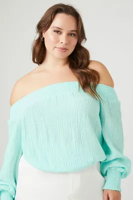 Women's Gauze Off-the-Shoulder Top in Light Blue, 3X