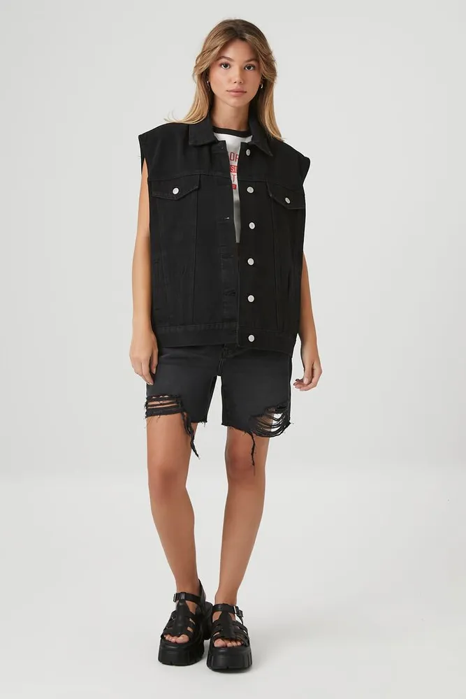 Women's Button-Up Denim Vest in Black Small