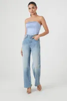 Women's Cropped Satin Tube Top in Blue Medium