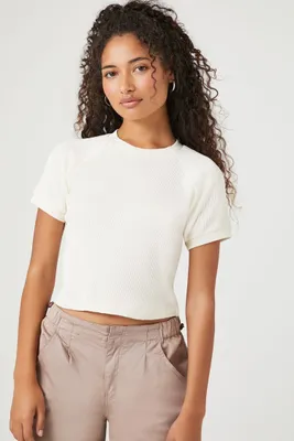 Women's Waffle Knit Cropped T-Shirt in White, XS