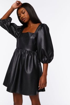 Women's Faux Leather Balloon-Sleeve Mini Dress in Black Medium