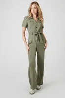 Women's Tie-Waist Wide-Leg Jumpsuit in Olive Medium