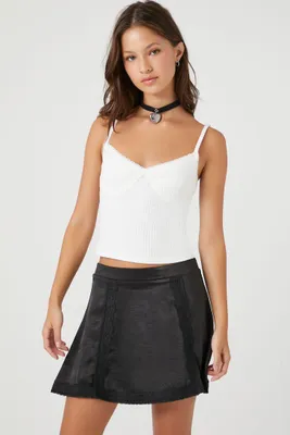 Women's Satin Lace-Trim Mini Skirt in Black Large