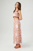 Women's Ornate Print Crop Top & Skirt Set in Rust Small