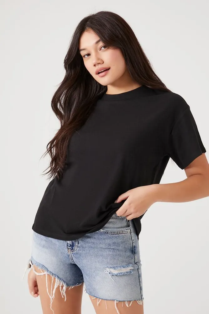 Women's Linen-Blend Crew T-Shirt in Black Small