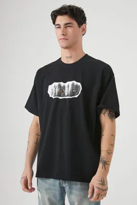 Men Oversized Embroidered Fist Bump Graphic Tee in Black Large