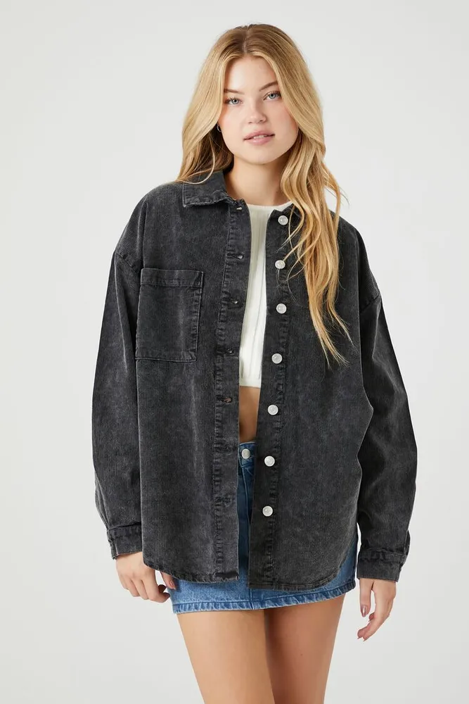 Women's Corduroy Drop-Sleeve Shacket in Washed Black Small