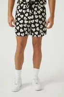 Men Broken Heart Print Drawstring Shorts in Black/White, XXL