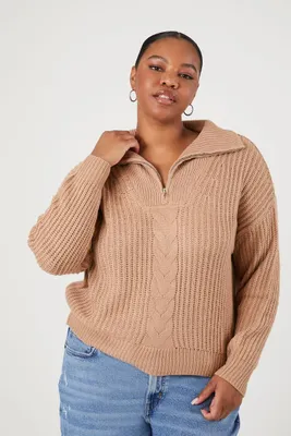 Women's Half-Zip Cable Knit Sweater in Taupe, 1X