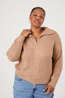 Women's Half-Zip Cable Knit Sweater in Taupe, 1X