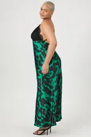 Women's Satin Leopard Maxi Slip Dress in Emerald/Black, 1X