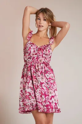 Women's Floral Print Ruffle Mini Dress in Pink Small