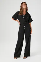 Women's Linen Snap-Button Jumpsuit in Black, XS