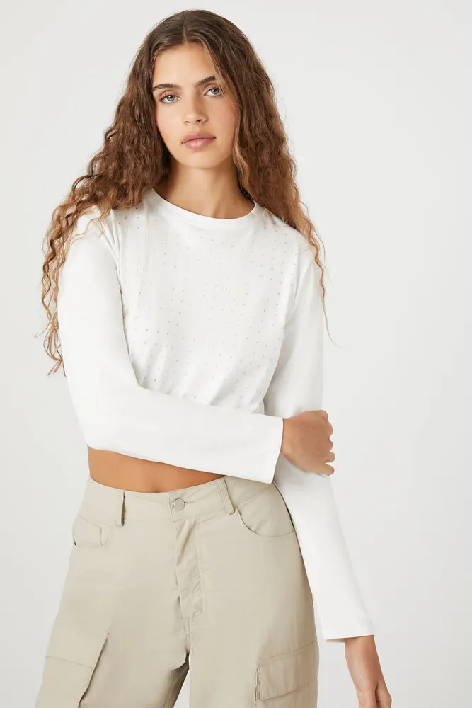 Women's Rhinestone Long-Sleeve Crop Top White