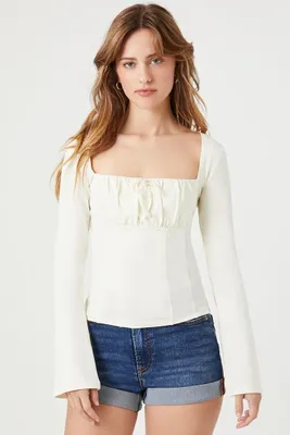 Women's Shirred Tie-Front Top in Cream Small