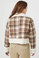 Women's Plaid Cropped Trucker Jacket in Brown Large