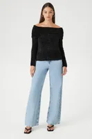 Women's Fuzzy Knit Off-the-Shoulder Sweater